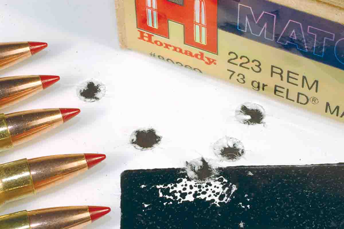 This group was shot at 100 yards with 73-grain ELD Match bullets in Hornady Match .223 Remington cartridges.